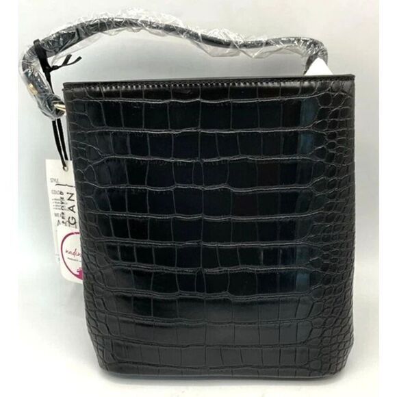 AOTA Black Vegan Leather Croc Embossed Elena Top Handle/Crossbody Bucket Bag - Picture 2 of 5